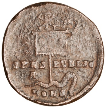 Bronze hummus of Constantine I (327-328 CE) with Chi-Rho monogram. Photo via the American Numismatic Society. 