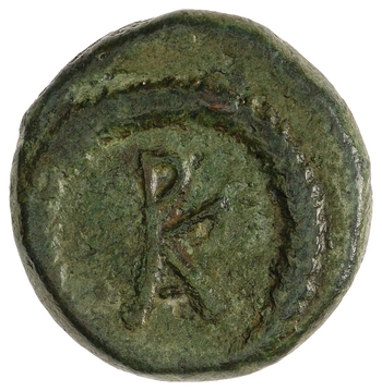 Reverse of a bronze coin of Rhoemetalces I with his monogram, dating to 11 BCE-12 CE. Photo via the American Numismatic Society. 