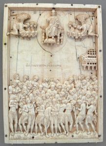Ivory relief of the story of the Forty Martyrs of Sebaste, who were soldiers forced to stand naked on a frozen pond in 320 CE.  Constantinople, 10th century AD. Museum für Byzantinische Kunst (Inv. no. 574; acquired in 1828; Bartoldi collection), Bode-Museum, Berlin.