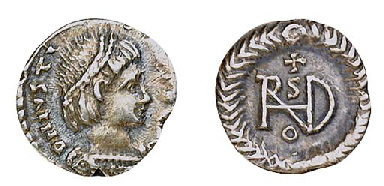 "Theodoric (491-526), R Quarter-siliqua in name of Justin I, Rome, diademed, draped and cuirassed bust right, rev. monogram of Theodoric within wreath (MIB 49), almost extremely fine" -Christie's