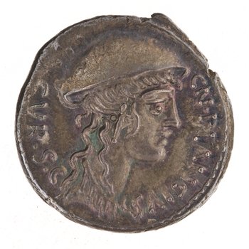 Coin struck in 55 BCE and issued by then-aedile Gnaeus Plancius, an accused rapist (Image via the ANS).