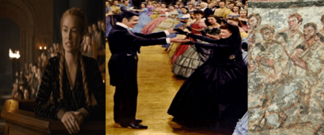 Cersei wears a mourning gown to the trial of her brother, Tyrion, on Game of Thrones, Scarlett O'Hara dances in mourning clothes in Gone with the Wind, and a 3rd c. fresco from the Hypogeum of the Aurelii in Rome shows Roman senators in their togas. 