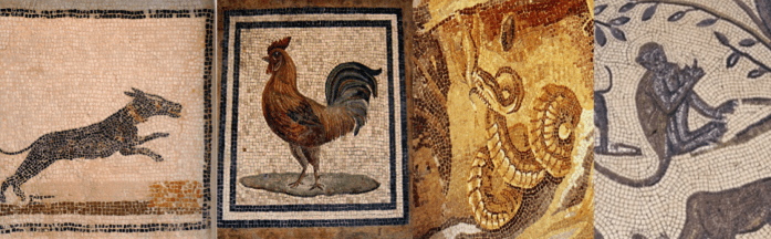 Roman mosaics of a dog (Sousse), a rooster (now at the Baths of Diocletian in Rome), a rock python (Palestrina Nilotic mosaic, Museo Nazionale Palestrina), and a monkey (Volubilis, House of Orpheus) [Images via Wikimedia].