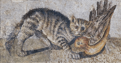 Mosaic with a striped cat capturing a bird from Rome's Palazzo Massimi alle Terme (Image via Wikimedia). 