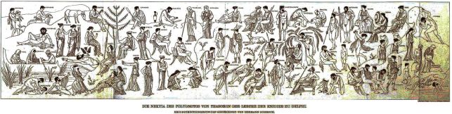 An 1892 reconstruction of the Nekyia at Delphi reported by Pausanias (Image via Wikimedia). 