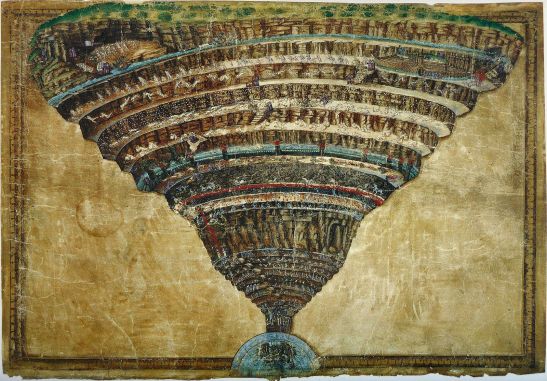 Sandro Botticelli's famous drawing (c.1480) of Dante's Inferno. (Image via Wikimedia). 