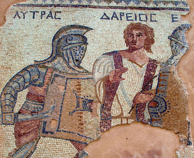 Mosaic depicting a gladiatorial fight. (Pic from the House of the Gladiators, Kourion, Cyprus). 