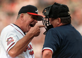 Former Atlanta Braves manager Bobby Cox holds the record for most ejections from a baseball game: 158 (+3 in postseason). Here he does his thing (Photo via Photobucket).