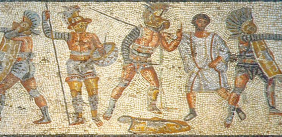 A gladiatorial referee stands between a murmillo and hoplomachus in the Zliten mosaic (2nd c. CE, Leptis Magna) [Image via Wikimedia] 